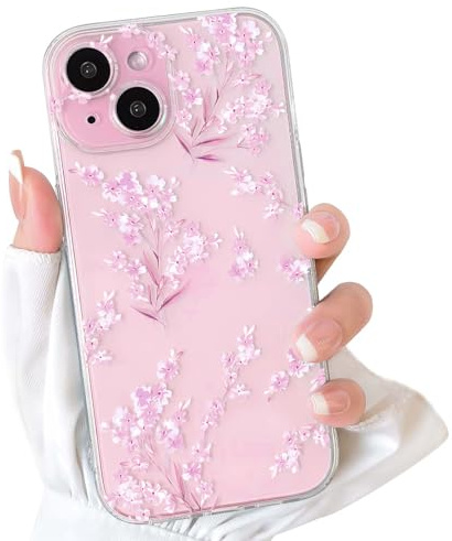 NITITOP for iPhone 15 Case Cute Clear Flower Branch, Pink | for Women Girls, Aesthetic Artistic Floral Design, Transparent Soft TPU Shockproof Cover, Full Camera Protection
