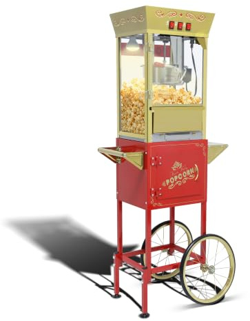NUEFYR 12 oz Commercial Popcorn Machine with Cart and Wheels, Popcorn Maker | Motorized stirrer, warming deck, lighted display, tilting kettle, storage cabinet, tempered glass door, removable crumb tray