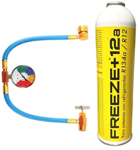 Envase Freeze +12A + manómetro de carga facil Gas Refrigerante Orgánico Ecológico, compatible con R134A R12, Envase Desechable 1000ml, peso NETO 420g para sistemas de aire acondicionado de automóviles