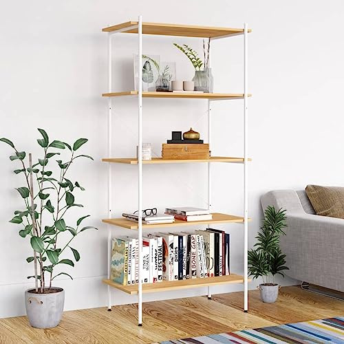 Owoxanthellate Standregal 80x40x163 cm Weiß-Eichendekor Bücherregal mit 5 Böden Robuste Stahl-Holz Kombination Modernes Design für Wohnzimmer Büro Flur Schlafzimmer