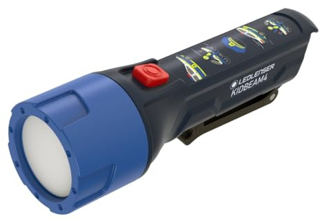 Ledlenser KidBEAM4 Kinder Taschenlampe Polizeidesign, 4 LED Farben, AAA batteriebetrieben, leicht, 72g, inkl. Taschenclip, automatische Abschaltfunktion, hervorragend zum Lesen, Camping, Geschenk
