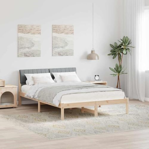Qnhdfrt Solid Pine Bed Frame 135x190cm with Headboard & Slats, Brown-Gray