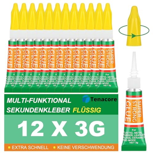 Tenacore Confezione da 12 x 3 g di colla istantanea extra forte, super colla impermeabile per riparazioni rapide, colla liquida trasparente per modellismo, plastica, porcellana, legno, vetro e molto