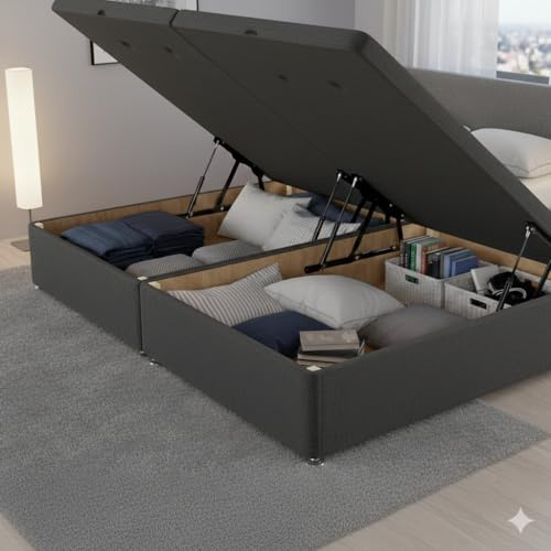 STOREX Soft Velvet Ottoman Storage Divan Base - Plush Gas Lift Up end & side opening (Charcoal, 4FT Small Double)