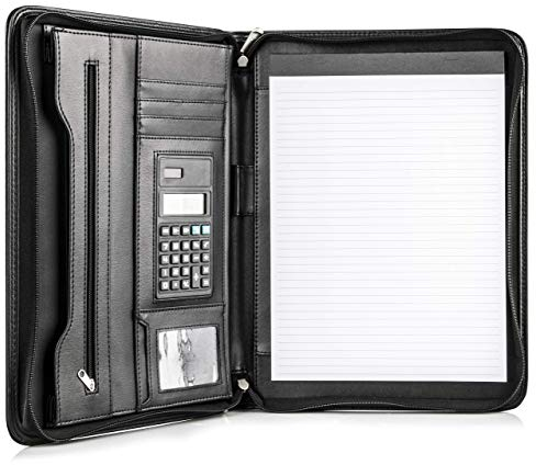 COSSINI Black Superior Vegan Leather Business Portfolio with Zipper – Padfolio All-in-One - Smartest Protective 10.1 Inch Tablet Sleeve, Presentation Slot, Solar Calculator, Card Storage, Writing Pad