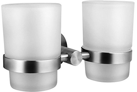 Ambrosya - Zahnbürstenhalter mit Wandbefestigung - Glas Becher Halter Zahnputzbecher Zahnpasta Bad (Edelstahl (Gebürstet))