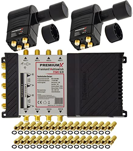 Premium X Multischalter Set 9/8 Multiswitch 2X Rocket 3° Multifeed Quattro LNB 32x F-Stecker, Satverteiler 2 SAT für 8 Teilnehmer