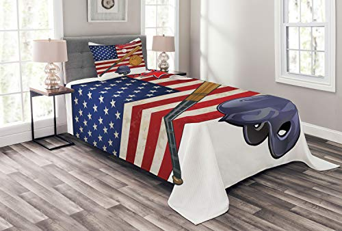 ABAKUHAUS amerikanisch Tagesdecke Set, USA-Flagge und Baseball, Set mit Kissenbezügen Waschbar, für Einzelbetten 170 x 220 cm, Rot Blau
