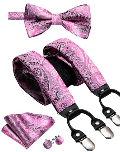 Dubulle Herren-Hosenträger und vorgebundene Fliege, Set mit Einstecktuch, Y-Form, verstellbare Hosenträger, Pink, M