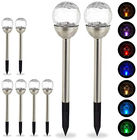 Relaxdays 8 x Gartenleuchte Glaskugel, LED Solarleuchten in Bruchglas Optik, Farbwechsel, Wegeleuchte inkl. Erdspieß, Silber