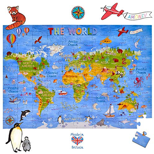 Amonev floor Age 4+ puzzles 100 pieces puzzles for both table and floor with easy to handle thick pieces making it a great gift for any occasion (World Map)