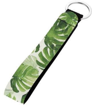 Binienty Stylischer Schlüsselanhänger mit Armband aus strapazierfähigem Stoff, Auto-Schlüsselanhänger mit Metallring für Damen und Herren, Monstera Blätter, Small