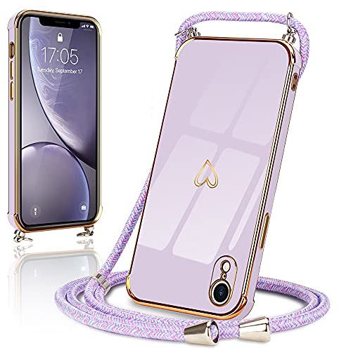 Micoden Handykette kompatibel mit iPhone Xr Hülle Ultra dünn Kameraschutz Herz Love Design Galvanik TPU Silikon Bumper Kordel zum Umhängen Handyhülle mit Band Schutzhülle,Lila