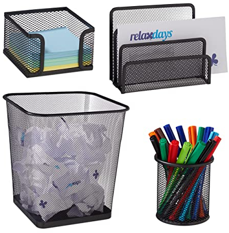 Relaxdays Schreibtisch Organizer 4er Set, Papierkorb, Stiftebox, Zettel-& Briefablage, Arbeits-& Kinderzimmer, schwarz