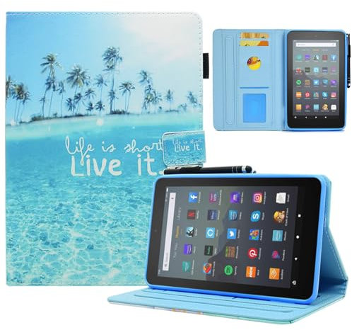 BYCeKe Case for Amazon Fire 7 Tablet (9th/7th/5th Generation, 2019 2017 2015 Release) Slim PU Leather Shell Stand Smart Folding Cover for Kindle Fire 7 Case with Auto Wake/Sleep, Blue Beach