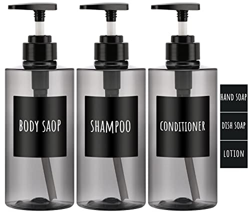 Segbeauty Shampoo Flaschen Duschgel Spender, 3 Stück 500 ml Seifenspender, Nachfüllbare Leere Pumpflasche mit Etiketten, für Küche Bad, Grau
