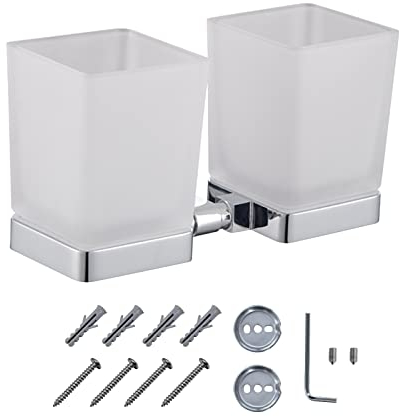 JASSFERRY Wall Mounted Toothbrush Tumbler Holder Double Frosted Glass Tumbler Toothpaste Organizer Storage Square Cup Chrome