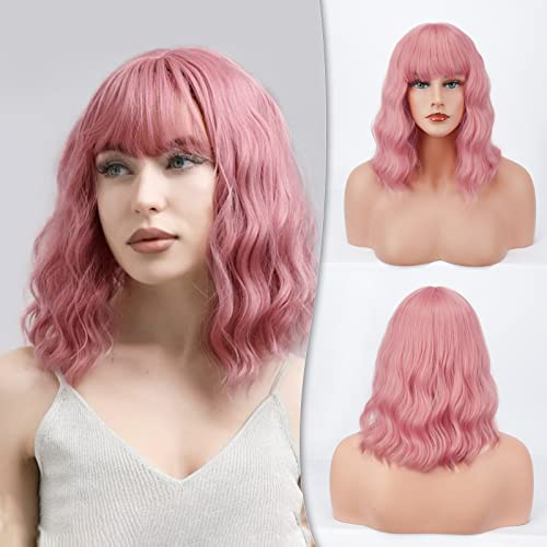 Barsdar Kurze Bob Perücken mit Pony schulterlange Frauen kurze Perücke Lockige Gewellte Synthetische Cosplay Perücke Perücke für Mädchen Kostüm Perücken Bunte Natürliche Gewellte Perücken Rosa