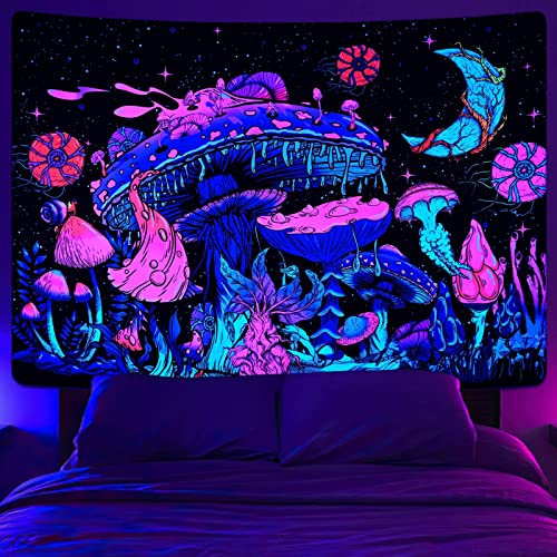 Yrendenge Schwarzlicht Pilz Wandteppich UV Mond Pilze Wandtuch, Fluoreszierend Pflanzen Sternenhimmel Wandteppich Aesthetic Wandbehang für Schlafzimmer Schlafsaal 59 * 51 inch (150 * 130cm)
