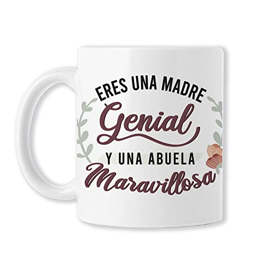 TAZAS PARA ABUELAS (BAOBAB REGALOS- Taza Eres Una Madre Genial y Una Abuela Maravillosa- Regalos Originales Para Abuelas. Cerámica blanca)