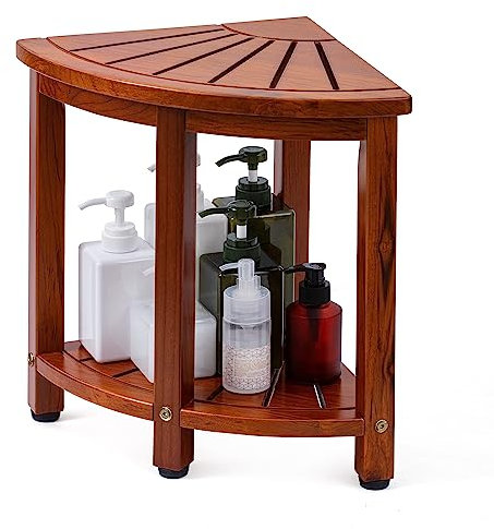 Axeman 12 Corner Teak Shower Bench with Shelf, Indoor and Outdoor Use