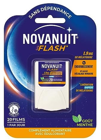 NOVANUIT FLASH – Complément alimentaire – Sommeil - 1,9mg de mélatonine – 20 films – Format Pratique - Goût menthe - Endormissement – Décalage horaire - Usage ponctuel - Réservé à l'adulte
