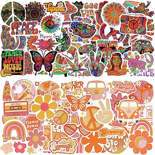 Qpout 100 Stück Groovige Hippie Aufkleber, Boho Graffiti Aufkleber, Daisy Blumen Aufkleber, Dänische Pastell Aufkleber, 60er, 70er, 80er Retro Aufkleber für Wasserflaschen Koffer Gitarre Fahrrad For