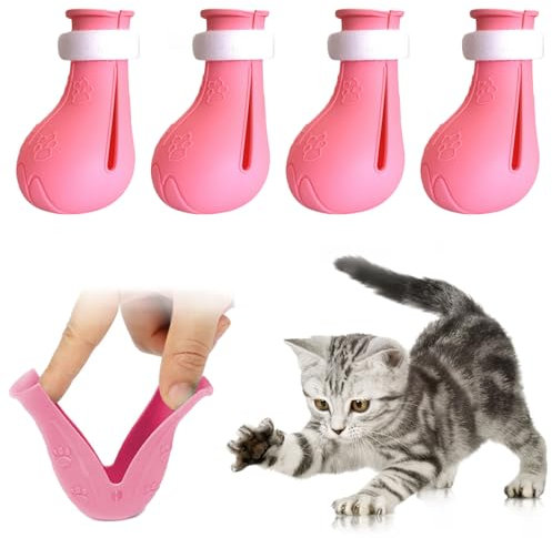 ALMDA Anti-Scratch Cat Shoes 4 Pack, Pet Supplies Scratch Deterrent Booties, Grooming Accessories Silicone Nail Gloves, Adjustable Claw Cover for Bathing Shaving Checking Treatment (Pink)