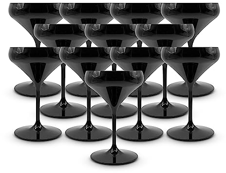 DOJA Barcelona | Verre Cocktail Plastique | Pack 12 | Verre Piscine | 180X120,5X3mm | Plastique Noir Incassable Polycarbonate | Verre a Cocktail 40CL | pour Gobelet Plastique Reutilisable, Verre a Vin