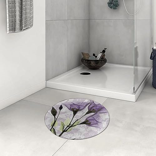 Badezimmerteppich rutschfest Vintager Kunst-lila Blumen-violetter Lavendel-Blumen-Frühlings-Sommer mit Bl Waschbar teppich rund Weich Flauschig Badteppich Weich Kurzflor Mikrofaser Badvorleger 60 cm