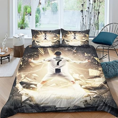 IVYARD Bettwäsche 3D Cristiano Ronaldo Bettbezug Weich Mikrofaser Mit Reißverschluss Und Kissenbezug,3 Teilig Football Star Bettbezüge Für Kinder Jugendliche Erwachsene Double（200x200cm）