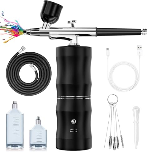 Rhinowisdom Airbrush Kit with Compressor, Air Brush Gun Rechargeable 48PSI High Pressure Air Brushes with 0.3mm Nozzle and Cleaning Brush Set for Nail,Painting,Tattoos,Makeup,Art,Cake Decorating