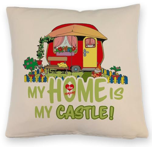 speecheese Wohnwagen Kissen mit Leinenoptik mit Spruch My Home is My Castle! I Love Camping EIN dekoratives Kissen mit Leinenoptik in bunten Farben für Dauercamper und Campingliebende die