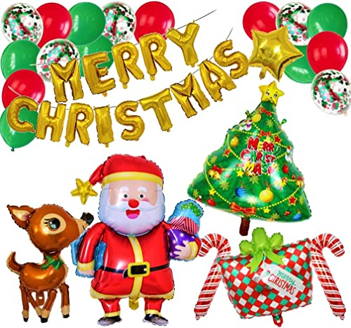 Weihnachts / Weihnachten Deko Merry x Christmas Banner Girlande Folienballon Weihnachtsmann Rentier Rudolf Weihnachtsbaum Geschenk Ballon Deko Konfetti Grün Rot Weinachten Dekoration Merry X Mas