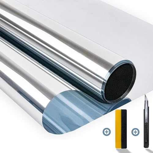 Zindoo One Way Window Film Privacy, Reflective Window Film Anti Glare, Mirror Sunlight Blocking Film Heat Reducing, Window Tint Film UV Blocker, Window Sticker Adhesive for Home, Office, 90x200cm