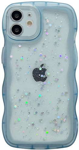 Qokey for iPhone 12 Mini Case 5.4 Curly Wave Edge Design Transparent Bling Glitter Star Shiny Cute Clear Transparent Full Protection Soft TPU Shockproof Phone Cover for Women Girls,Blue