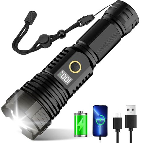 Flashlights High Lumens Rechargeable, LED Super Bright Flash Light Long Beam, Zoomable Linternas with LCD Digital Display, 5 Mode, Waterproof, Powerful Tactical Flashlight for Emergencies Camping Gift