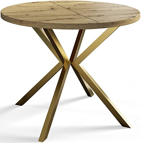 AlpiMeble Runder Esszimmertisch LOFT LITEN, ausziehbarer Tisch Durchmesser: 100 cm/180 cm, Wohnzimmertisch Farbe: Mattbraun, mit Metallbeinen in Farbe Gold