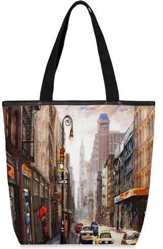 Tavisto Canvas-Tragetasche mit Meeresquallen für Damen, ästhetische Schultertaschen, langlebig, Einkaufstasche mit Reißverschlüssen, Ölgemälde New York Street, 19.5x17.9 inch