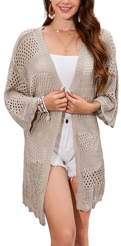 Famulily Women's Crochet Cardigan Hollowed Out 3/4 Sleeve Open Front Casual Cardigan Summer Outwear Cover Up