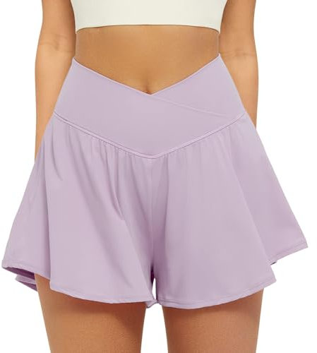 Friptspyg Hosenrock Damen Kurze Sporthose Damen Sport Shorts Kurz Laufshorts 2 in 1 mit Tasche V High Waist Sommer Stretch Tennis Shorts, Lotus Lila M