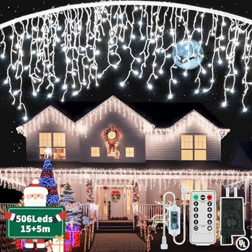 GCMacau Eisregen Lichterkette Außen, 15m+5m 506LED Weihnachtsbeleuchtung Außen Eiszapfen mit 8 Mod und & Timer,IP65 Wasserdicht Lichterketten für Dachkante Balkon Weihnachtsdeko Kaltweiß