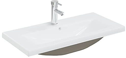 LAPOOH Einbauwaschbecken mit Wasserhahn, Aufsatzwaschbecken, Bathroom Sink, Waschtisch, Ablaufgarnitur, Aufsatzbecken, 81x39x18 cm Keramik Weiß