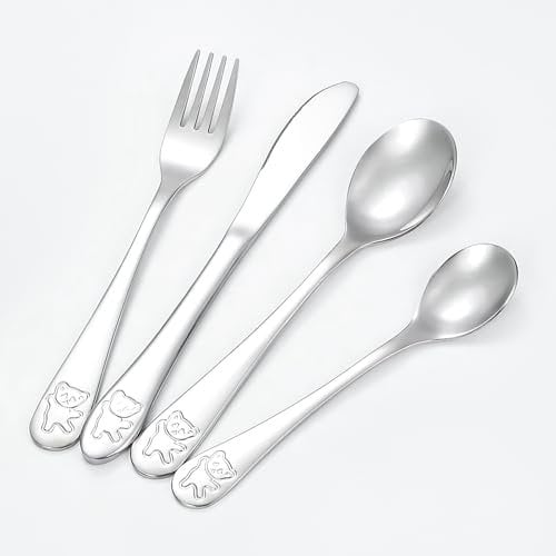 Kids Cutlery Set | Bear Engraved Knife Fork Spoon Teaspoon Pack of 4 | Stainless Steel Cutlery for Toddler | Dishwasher Safe Cutlery Set for Babies & Kids | Children Knife Fork Spoon Cutlery Sets