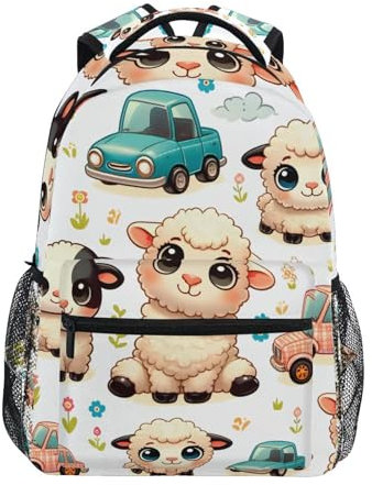 Mnsruu Süßes Lamb-Auto, weißer Schulrucksack für Mädchen, Jungen, Kinder, Schulranzen, Rucksack, niedliche Büchertaschen, Tagesrucksack, leichte Reise-Laptop-Tasche, Kleinkind, Umhängetasche,