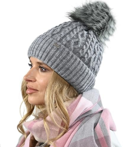 Alur Mütze Damen Beanie Wintermütze Strickmütze mit Bommel - Warme Elastisch Elegant Winter Mütze EKO Bommelmütze - Weiches Garn Stilvoll Universell Warm (Grau)