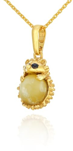 AMBEDORA Damen Kleine Halskette Igel mit Bernstein, Vergoldetes Sterling Silber, Baltischer Bernstein in Milchiger Farbe, Vergoldeter Anhänger mit Kette