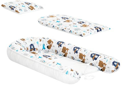 HOBBYGARDEN 3 teilig Babynestchen Set Babynest - Kokon für Babys und Säuglinge – Nestchen - Reisebett, Kokon für Babybett – Baumwolle - Wickelauflage Kuschelbett (Der Bär und der Fuchs)