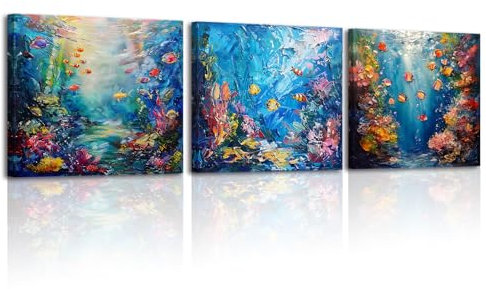 PIY PAINITNG Tableau Sur Toile, Tableau De l'Océan Bleu, Impression Murale Sur Toile De Poissons, Facile à Suspendre Pour Salle Réunion Salle Bain, Cadeau d'Anniversaire, Lot De 3,30x30 Cm