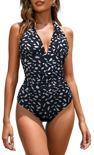 Veranobreeze Damen Badeanzug EIN Stück V Ausschnitt Halter Vintage Bauchkontrolle Bademode Rückenfrei Push Up Große Einteilige Bademode für Frauen(Feuerwerk schwarz, EU42)